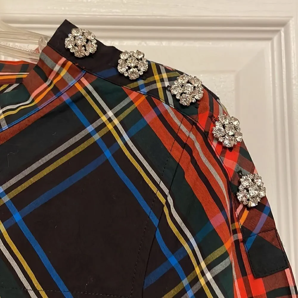 J Crew Holiday Stewart Plaid Blouse with Jewel Accessories